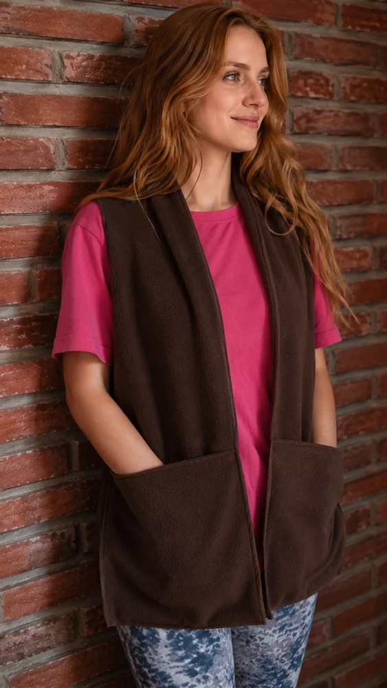 Bufanda de polar con bolsillos color café, modelo puesto – VXM