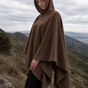 Poncho de polar café con capucha para mujer VXM