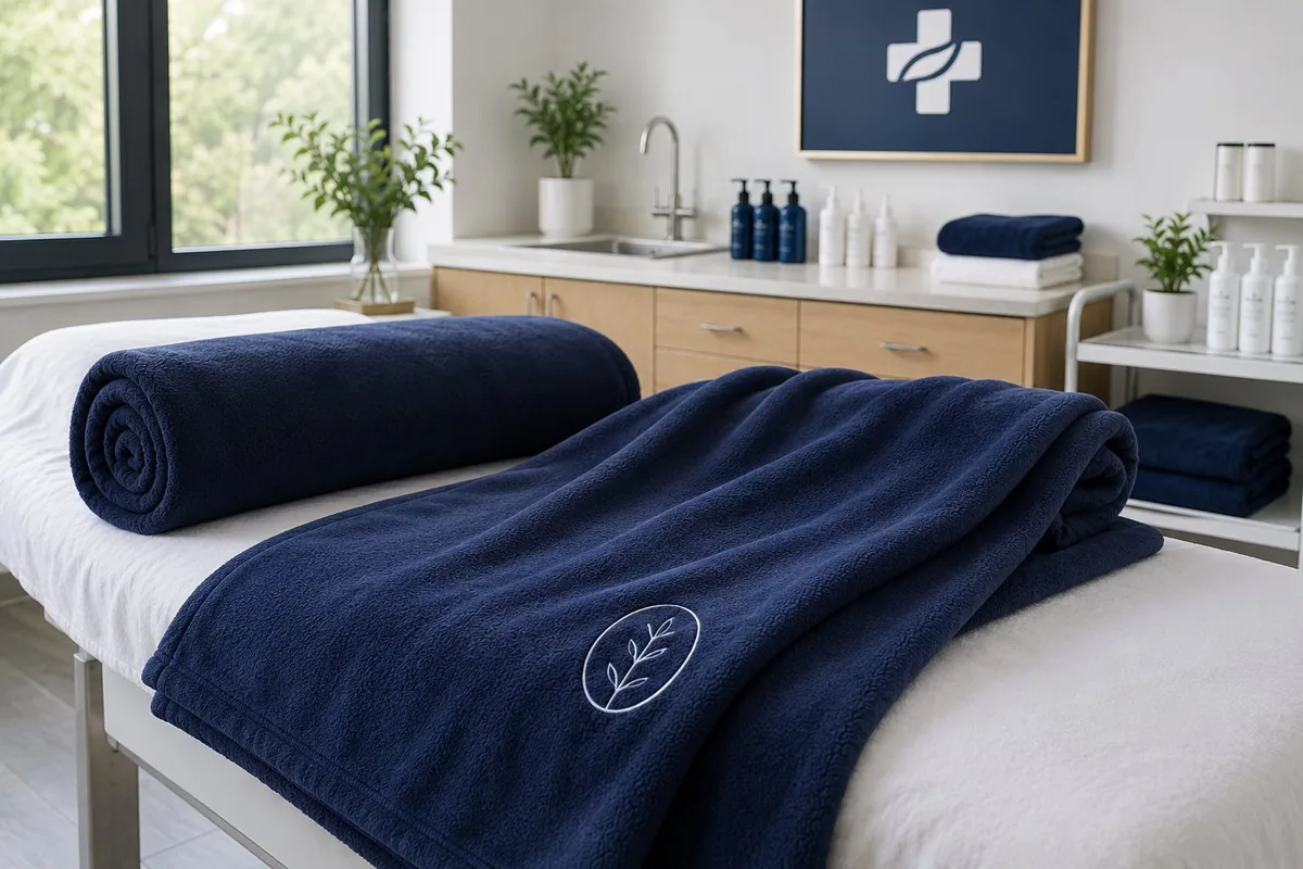 Frazadas corporativas personalizadas VXM de polar azul con logo bordado para empresas