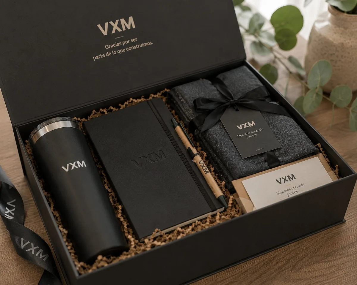 Gift box corporativa premium personalizada al por mayor en Chile: caja de regalo con vaso térmico, libreta, lápiz y frazada VXM