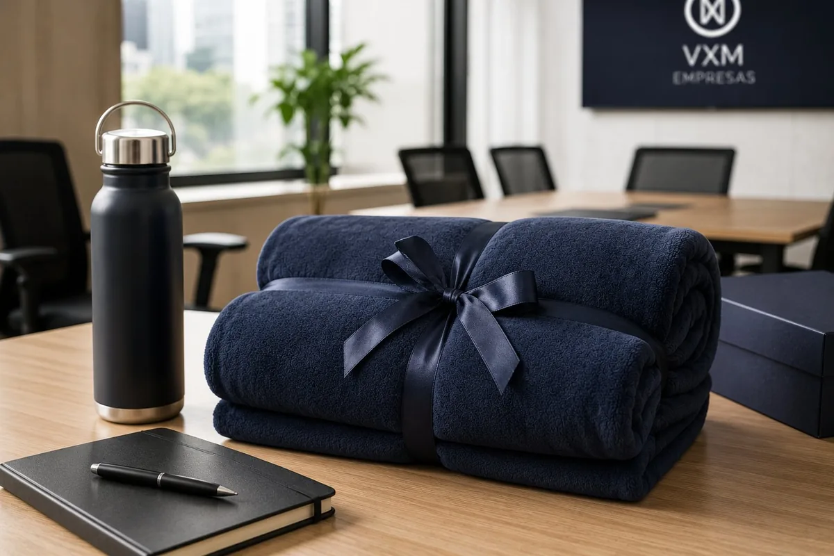 Mantas corporativas personalizadas VXM con logo, botella y libreta para empresas