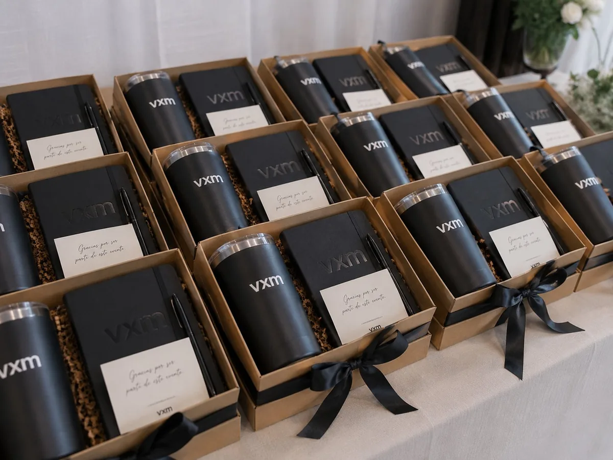 Regalos promocionales para eventos personalizados al por mayor en Chile: gift box con cuaderno, lápiz y vaso térmico VXM
