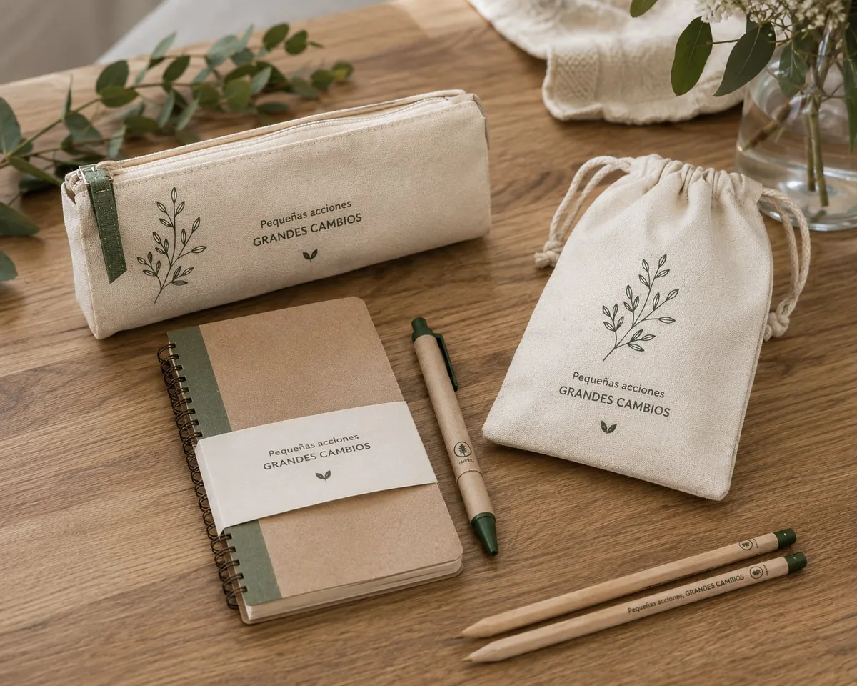 Regalos sustentables y ecológicos para empresas al por mayor en Chile: set de cuaderno kraft, lápices de madera y bolsa de tela